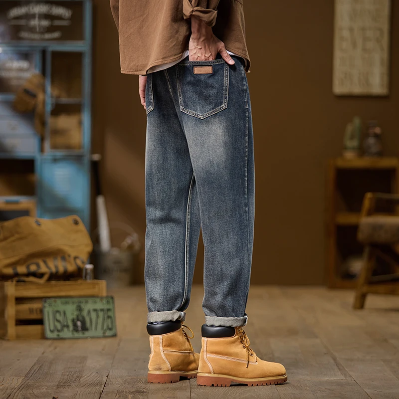 Jeans Denim Straight Pants Men Washed Distressed Mid Waist Pockets 2026 Streetwear Basics Ankle Length Trousers Vintage Denims
