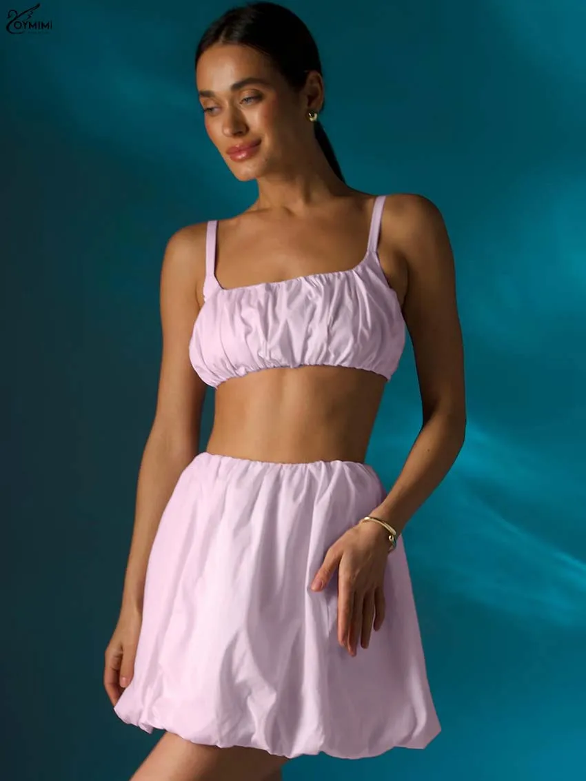 

Oymimi Summer Pink Cotton Set Woman 2 Piece Casual Spaghetti Strap Slim Crop Tank Tops And Mid Waisted Pleated Mini Skirts Sets