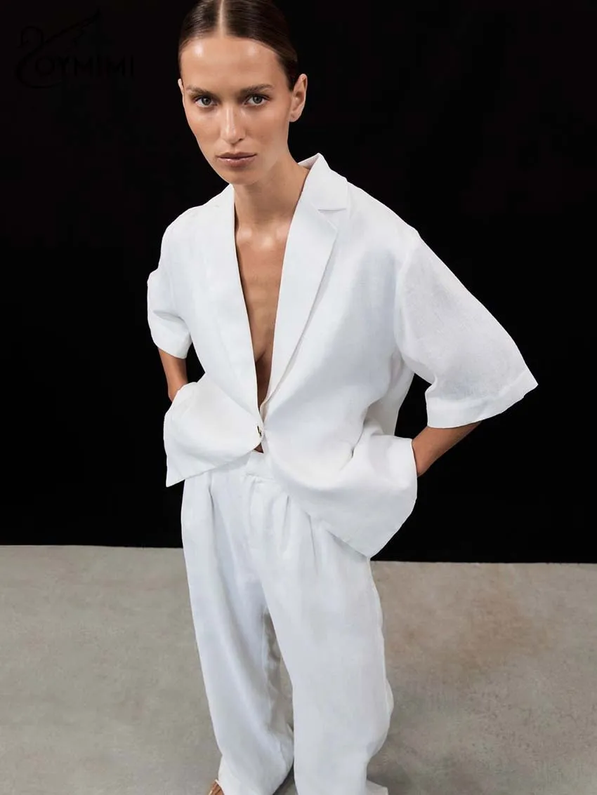 Oymimi أزياء القطن الأبيض 2 قطعة مجموعات امرأة الزي أنيقة نصف كم زر واحد قمصان + جيوب عالية الخصر بنطلون مجموعة #4