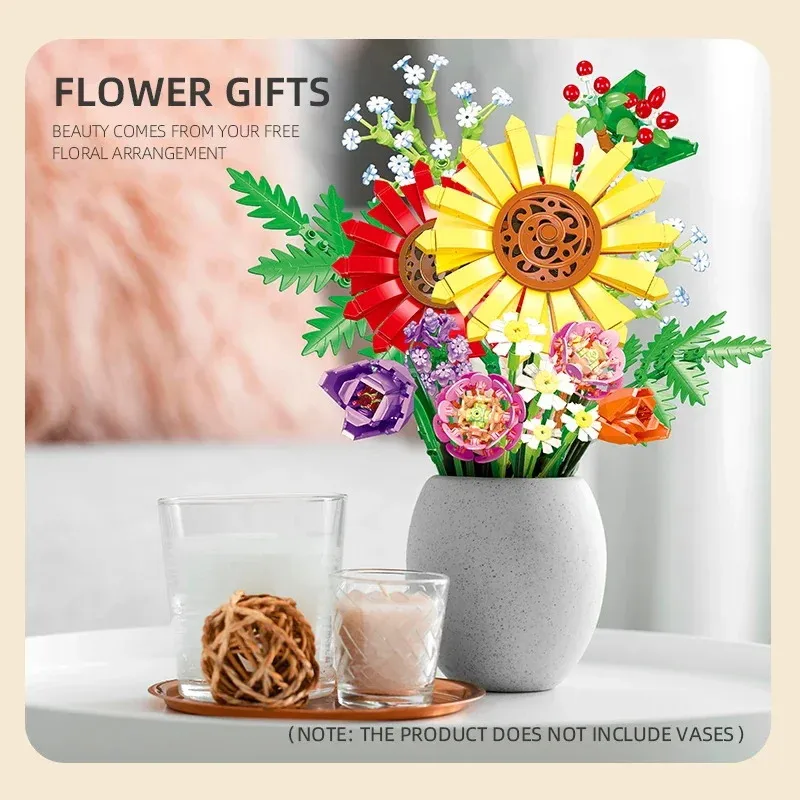976PCS Preserved Flower Bouquet Building Blocks Sunflower Tulip Starry Lavender Plant Model Bricks DIY Toys For Adults Gifts