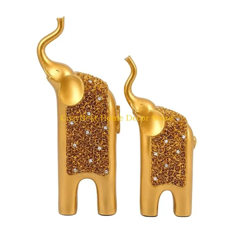 92MF Decorative Elephant Figures, Two-Piece Sculptural Pair with Ornate Lifted-Nose Design for Office and Living Room Styling