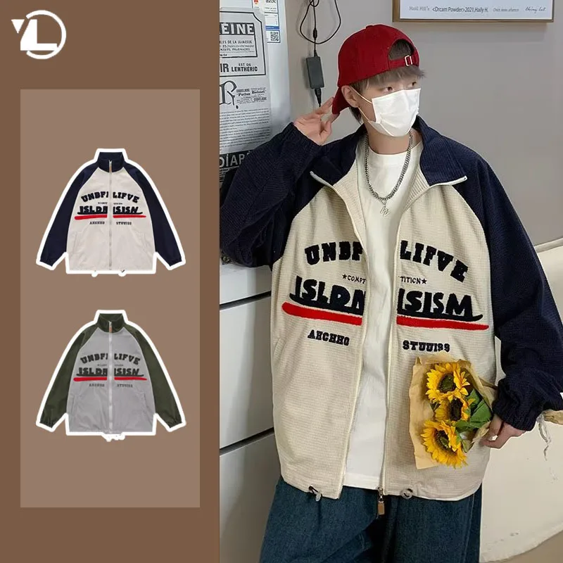 

Spring New Waffle Jacket Mens Letter Embroidered Vintage College Coats Stand Collar Color Blocking Loose Couple Outwear 2024 New