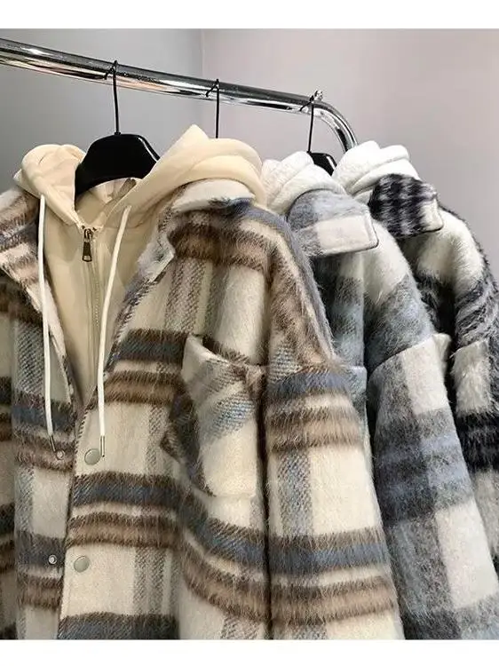 

Американское клетчатое тепе шерстяное мужское пальто в стиле ретро с капюшоном, осень-зима, новое повседневное хлопковое платье Sle Fashion