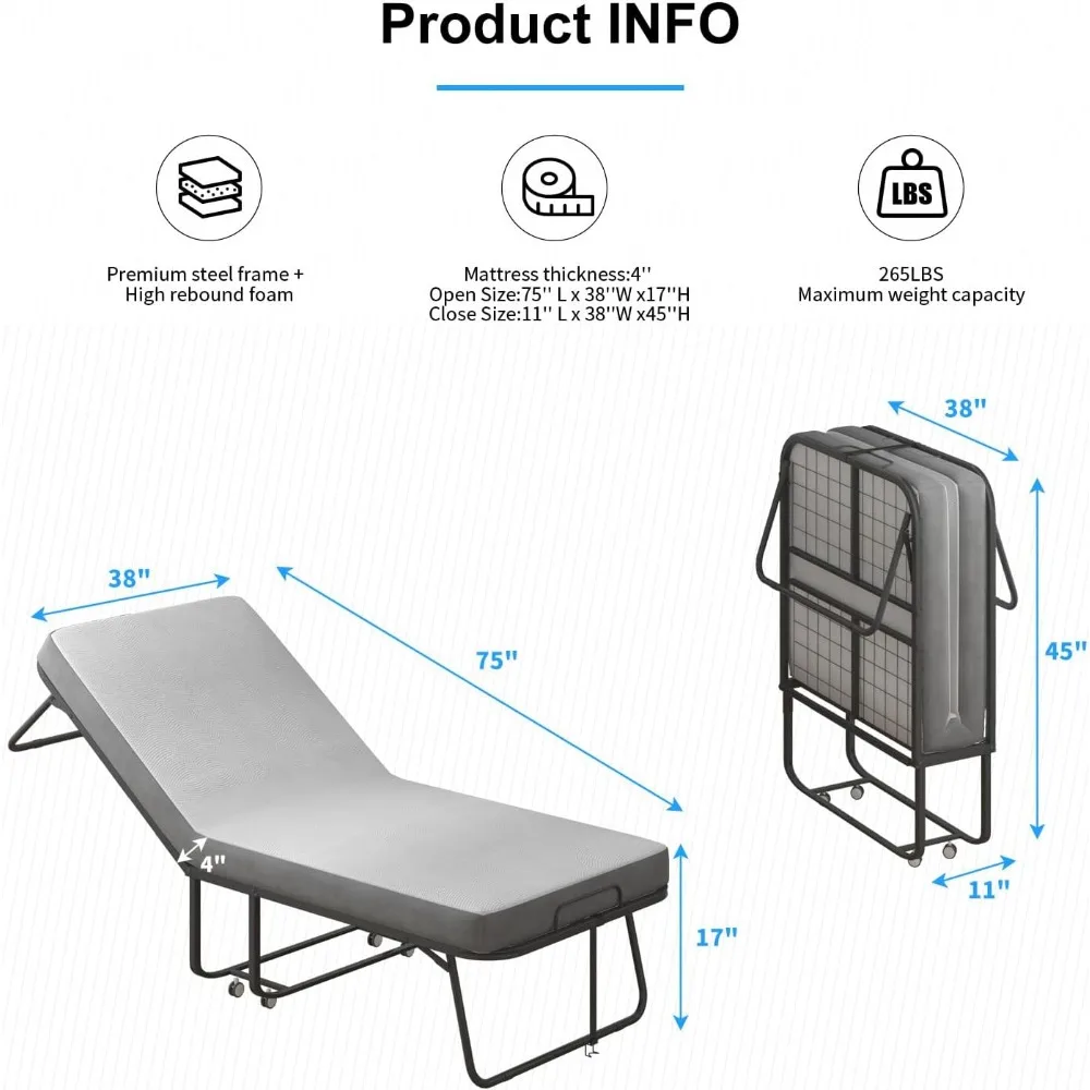 Klapp bett mit 4-Zoll-Matratze, temporäres Bett für Gäste und Familien, platzsparendes Zustell bett mit abschließbaren Rollen