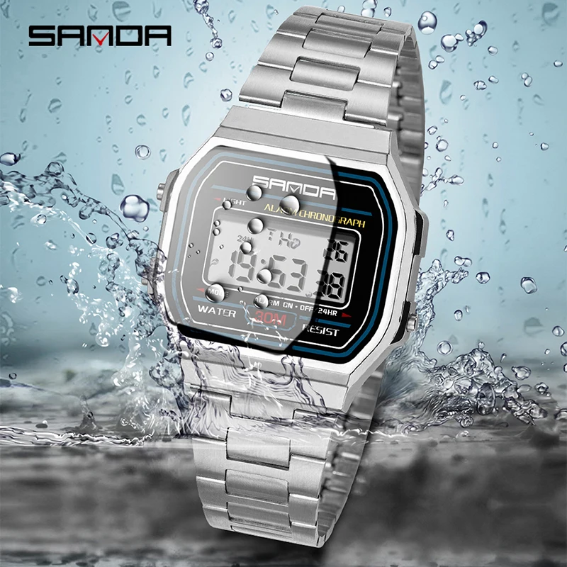 SANDA Multifunctional Women Electronic Watch Waterproof Luxury Gold Strap Luminous Digital Display Fashion Womens Quartz Watches