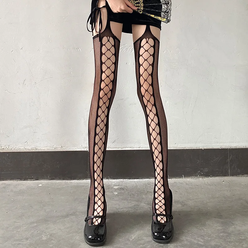 Hollow Cross Lines Suspender Stockings Women Hollow Sexy Black Socks Woman 0D Internet Celebrity Summer Thin Passion Stockings