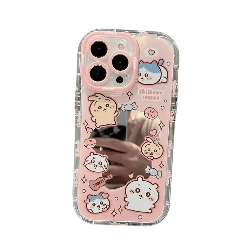 Chiikawa Mirror Case for IPhone 16 15 14 13 Pro Max Case Hand Wrist Strap Soft Cover for Iphone 16promax 15 14 Pro Cover Fundas
