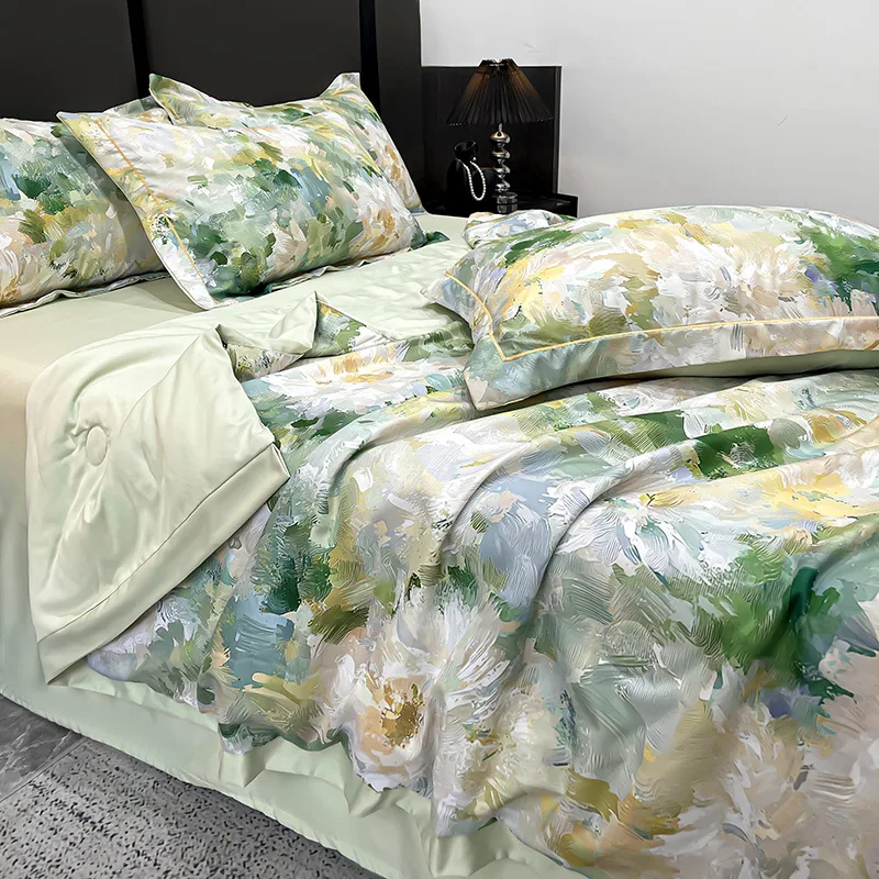 Printed Summer Blanket Set with Bed Sheet Pillowcase 4pcs Bedding Set Thin Quilt Summer Comforter Set Queen Size Bed Linens