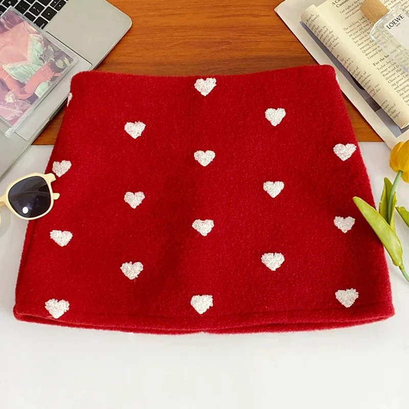 Women Red Wool‑Blend Mini Skirt 2026 Autumn White Heart Embroidery High Waist A‑Line Short Skirt Sweet Party Casual Bottoms