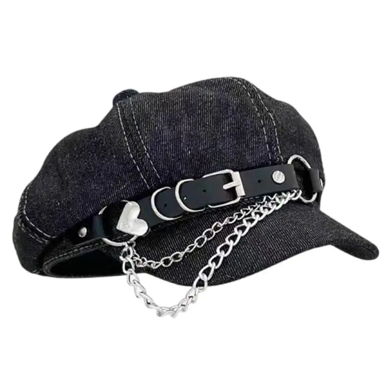 A52E เชนเข็มขัดหมวกเบเร่ต์หมวกผู้หญิงคนขับแฟชั่นแคปหนังสือนิวบอยบอยหมวกแปดเหลี่ยมระบายอากาศ