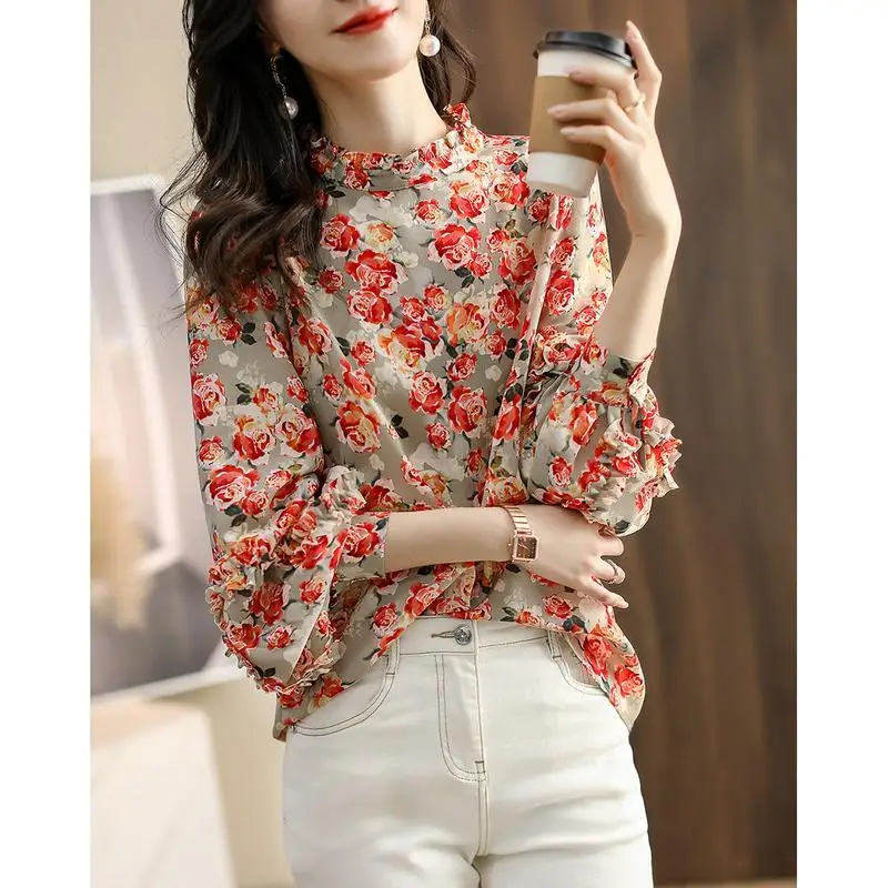 Retro Floral Print Elegant Chic Sweet Ruffle Shirts Spring Fashion Stand Collar Long Sleeve Tops Blouses for Women Clothing 2023