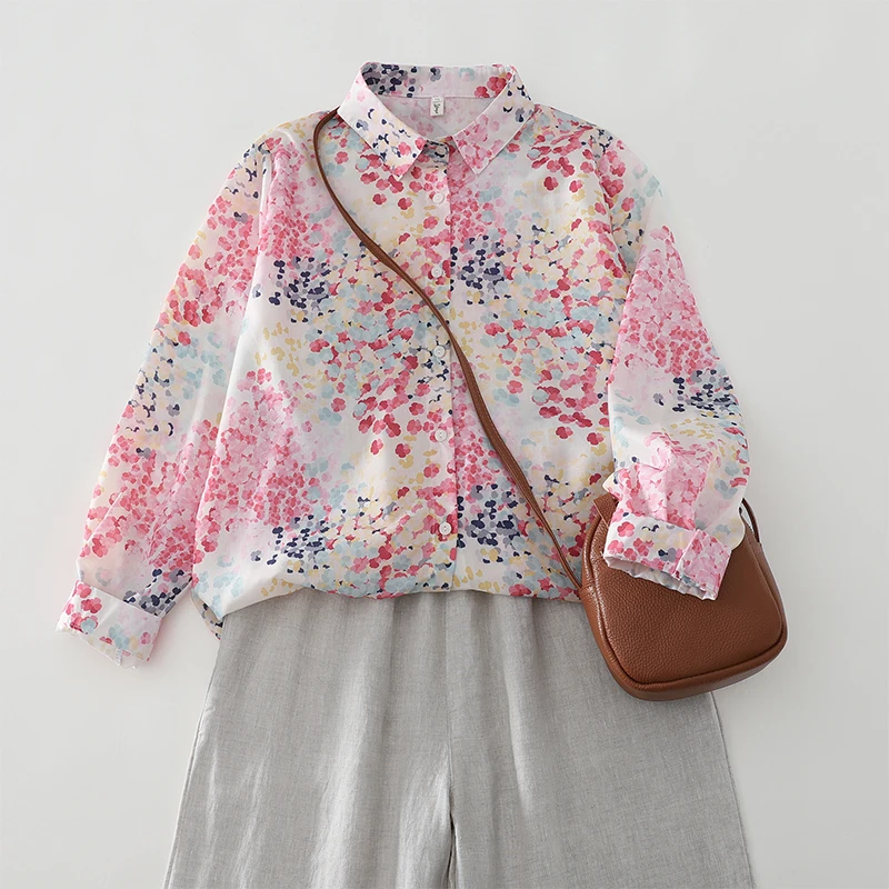 

Женская свободная льняная рубашка с цветочным принтом, универсальная, с длинными рукавами, из хлопковой смеси, тонкий материал, осенняя коллекция