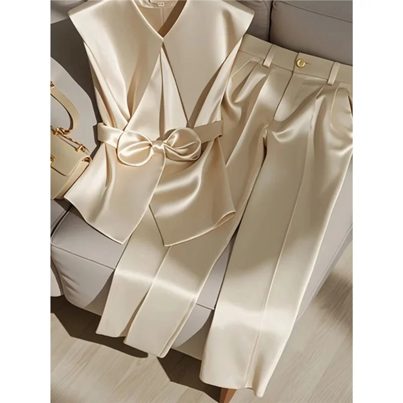 Bow Champagne Colored Suit Women Spring Summer Fashionable Fragrant Style Sleeveless Tie Top Pants Professional Suit Women New