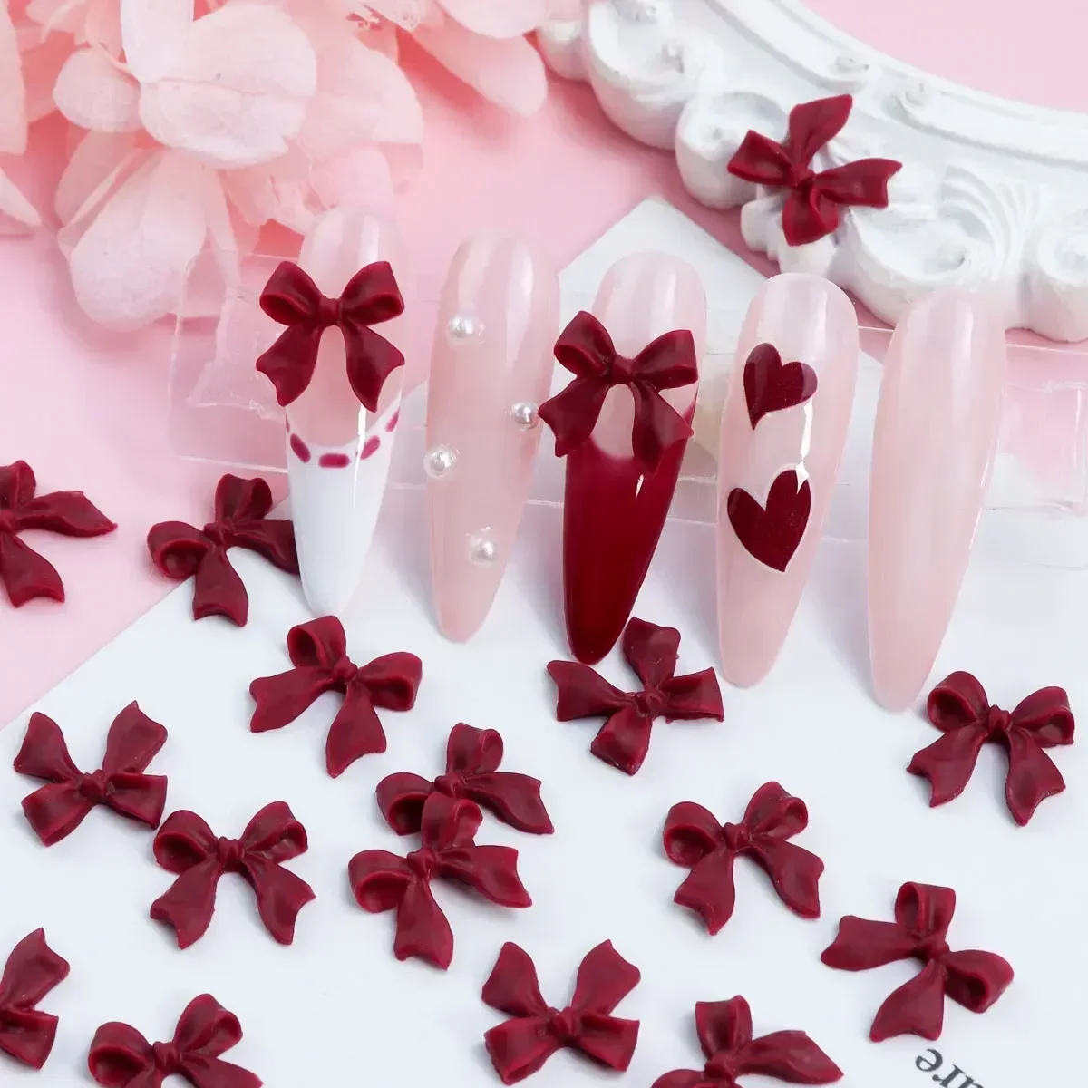 30Pcs Cherry Red Ribbon Bow Nail Charms Valentine's Dark Red Tie Nail Parts Supplies for DIY Women's Nail Salon Decoration