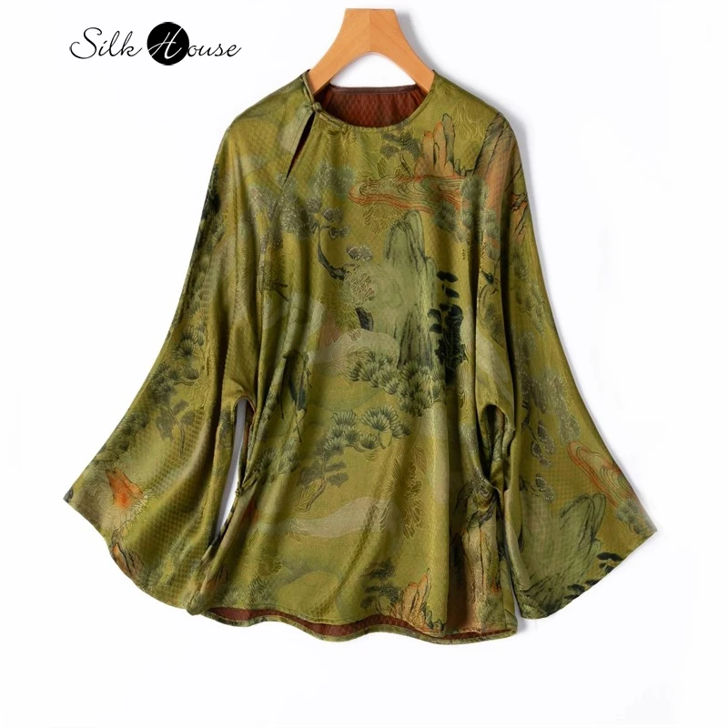 

2025 Women's Early Autumn New 100% Natural Mulberry Silk Gambiered Guangdong Gauze Horn Sleeve Round Neck T-shirt