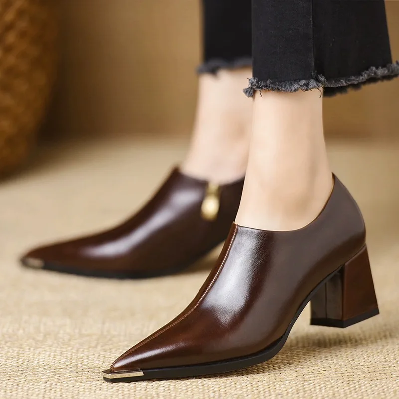 

2026 Women's High Heels Shoes Pointed Toe Chunky Heel Pu Leather Shoes Side Zipper Black/Reddish Brown Casual Dress Shoes Q-964