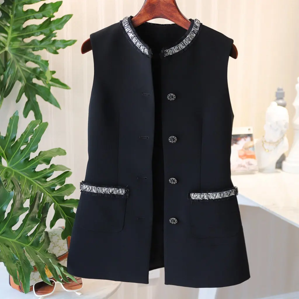 

Women's Slim Vest Sleeveless Jacket Textured Hen Sticks Beaded round Neck Ready-Made Manufacturers Wholesale Not Soft
