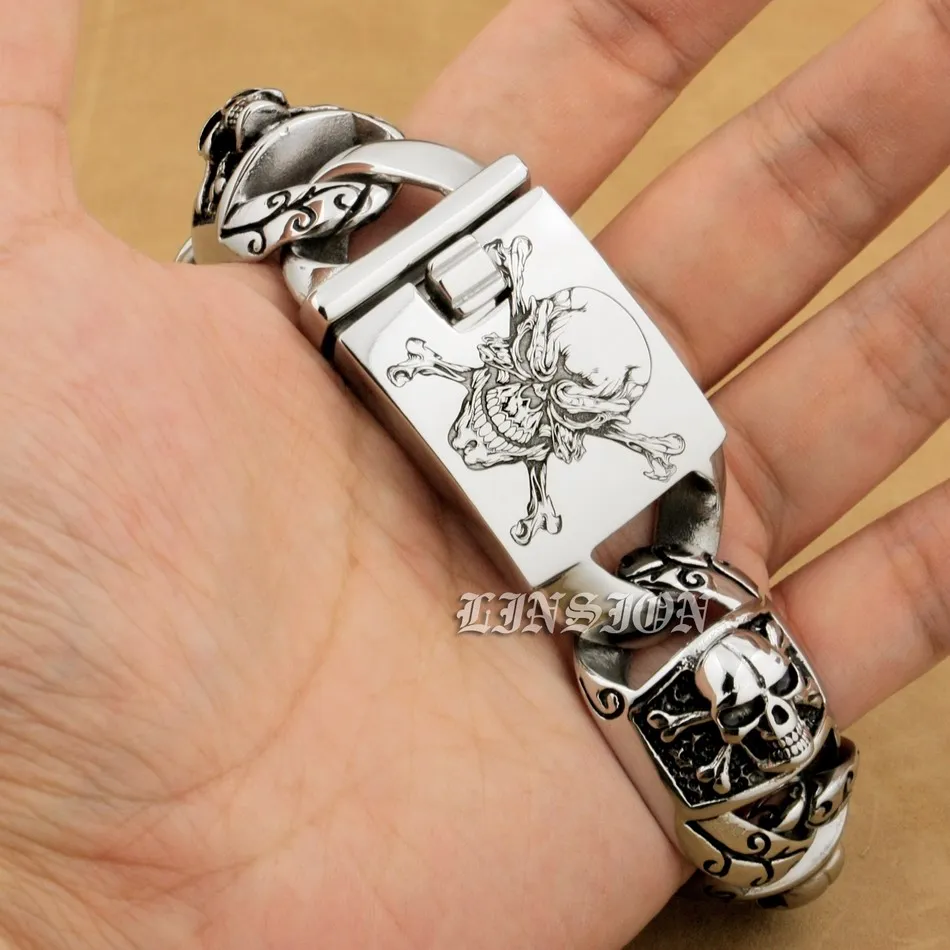Stainless Steel Huge Heavy Deep Engraved Pirate Skull Bracelet Biker Rock Punk Chain 5T102