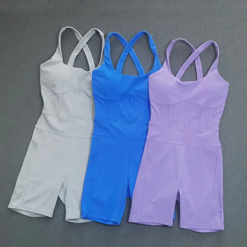 2024 Pad Nylon Spandex Patchwork Women Gym Clothing Yoga Set Sports Rompers Fitness Shorts Corset One Piece Jumpsuit Active Wear