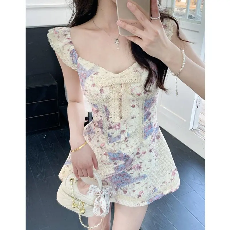 

Japan Retro Small Flying Sleeves Dress With Temperament Waist Slimming A-Line Short Skirt For Women