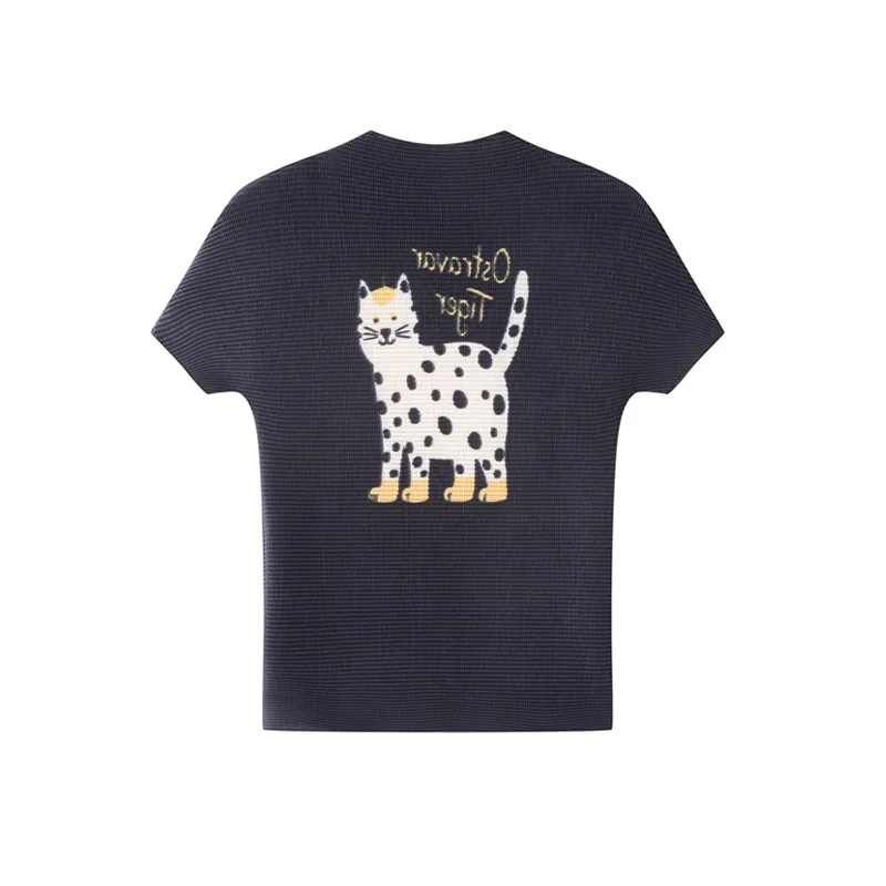 Miyake Pleated 2026 New Summer Original Corn Wrinkle Texture Fun American Style Printed T-Shirt Slim Fit Short Top for Women