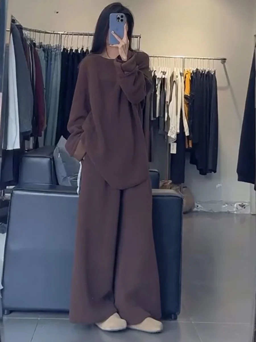 plus Size 300 Pou Women's Sweatirt Long Sve round Ne High Waist Wide Leg Pants Two Piece Set Autumn Winter Faion