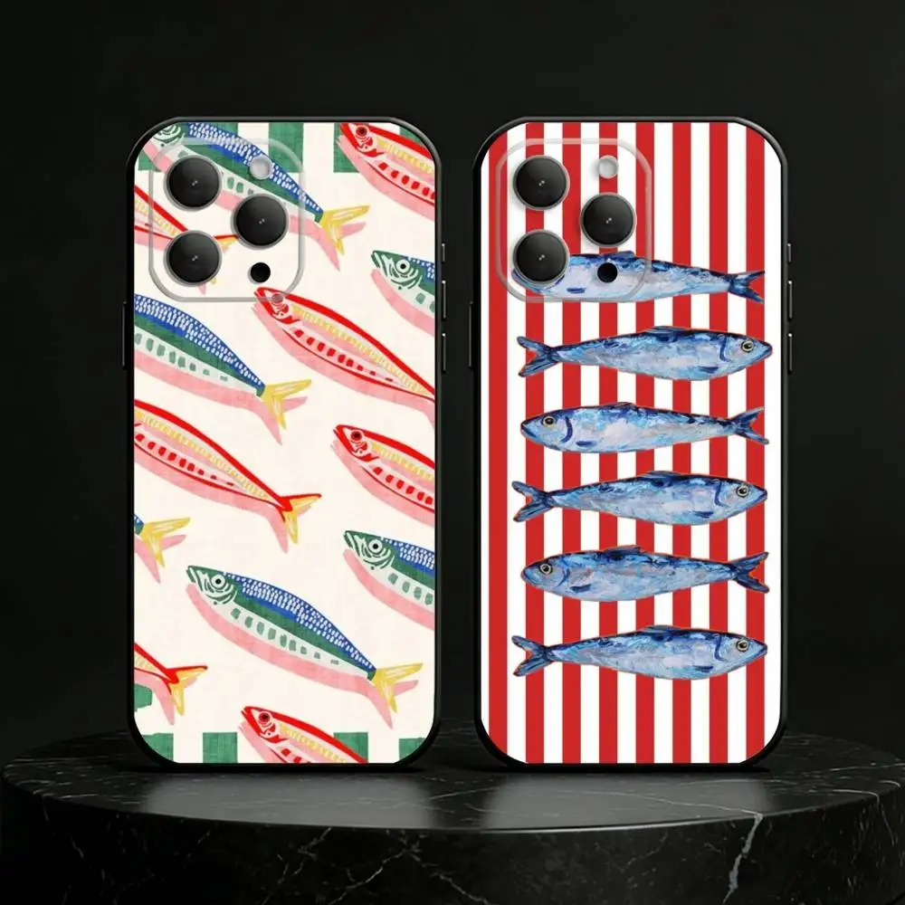 Colorful S-Sardine L-Lobster Fish Phone Case For iPhone 17,16,15,14,13,12,11 Plus,Pro Max,SE4Soft Silicone Black Cover