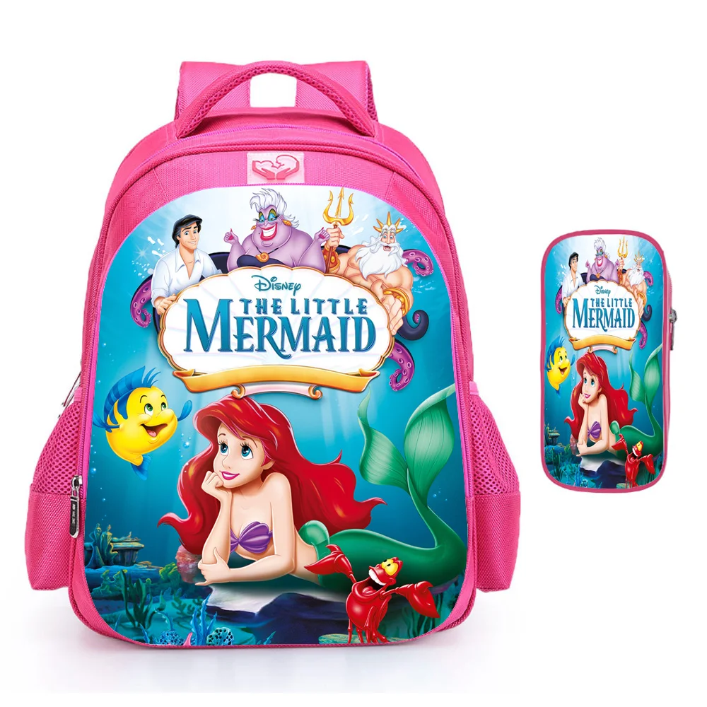 Bolsas escolares princesa a pequena sereia para meninas, lindas mochilas leves rosa, bolsa de ombro de grande capacidade com estojo