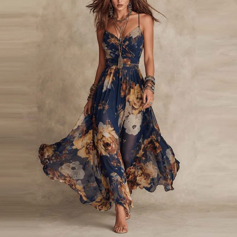 Women Dresses 2026 Spring/Summer floral printed pleated sexy halter dress long dress women's clothing vestidoes
