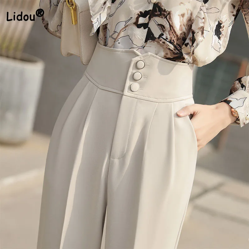 Spring Autumn Office Lady Chic Button Spliced Suit Straight Pants Fashion Elegant Solid Color Cropped Pants Women's Clothing