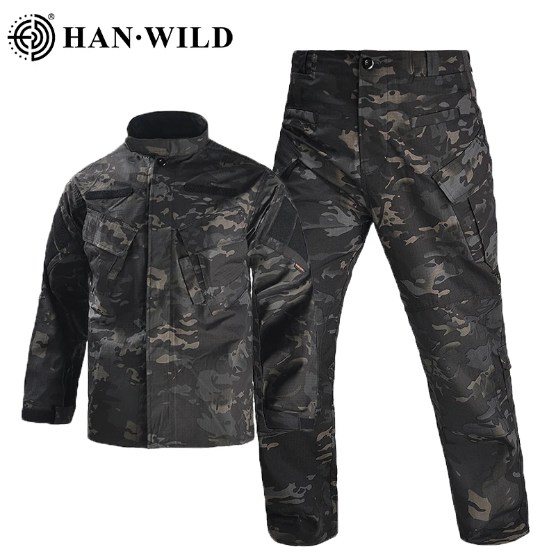 

Men Climb Clothes Outdoor Hiking Uniform Training Tactical Camo Suits with Pads Wear Resistant Hunting Shirts Cargo Pants Sets