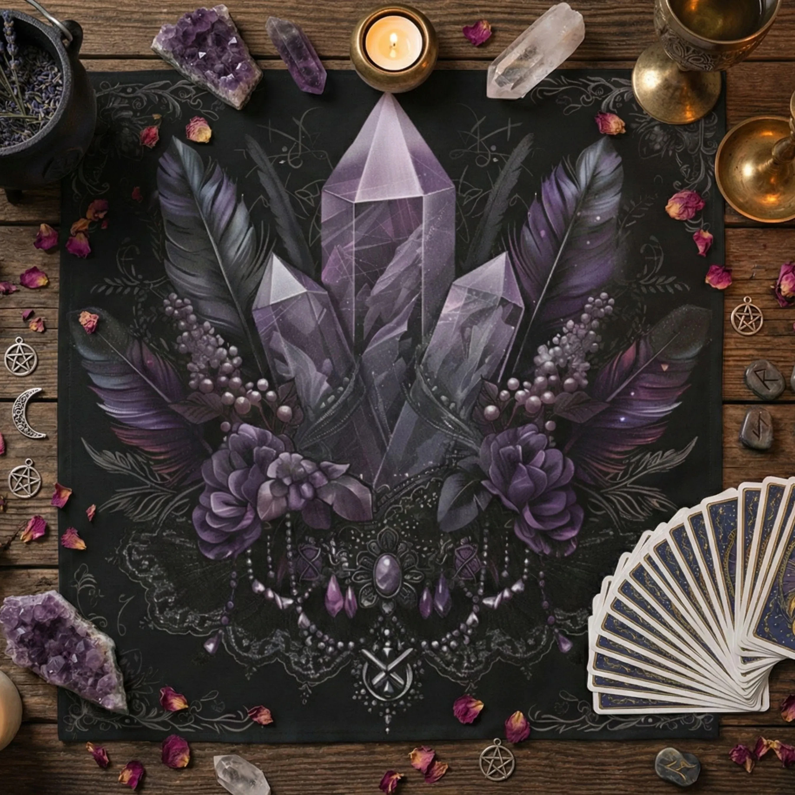 VIKAMA Dark Amethyst Feather Tablecloth Gothic Mysterious Witch Amethyst Energy Tarot Divination Tarot Card Tablecloth