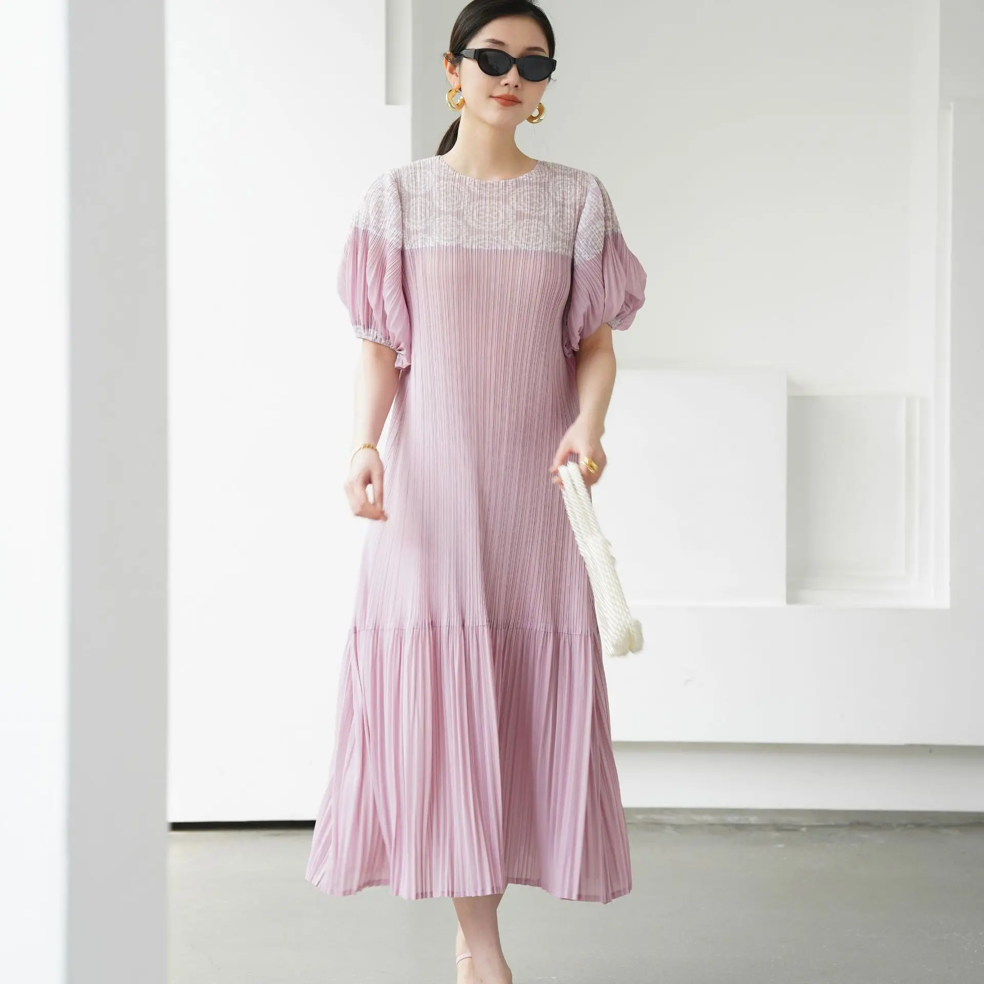 

ALSEY Simple Dress 2025 Spring New Pleated A-line Dress Women Round Neck Long Dress Rustic Casual Style Temperament Slim Dresses