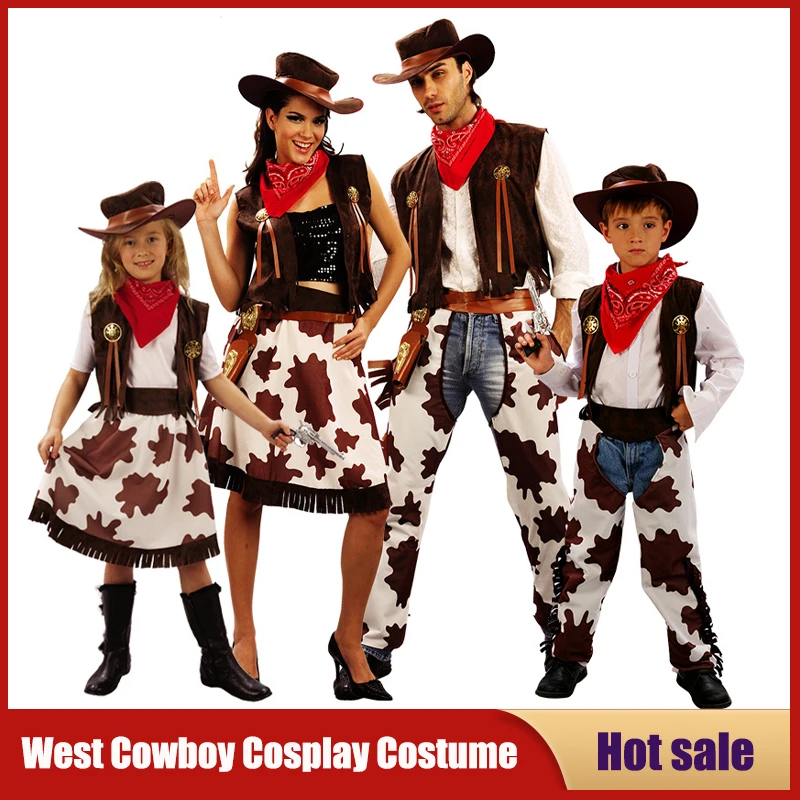 

Kids Adults West Cowboy Cosplay Costume Performance Halloween Masquerade Party COS Vests Hat Scarf Dress Fancy Cow-boy Sets