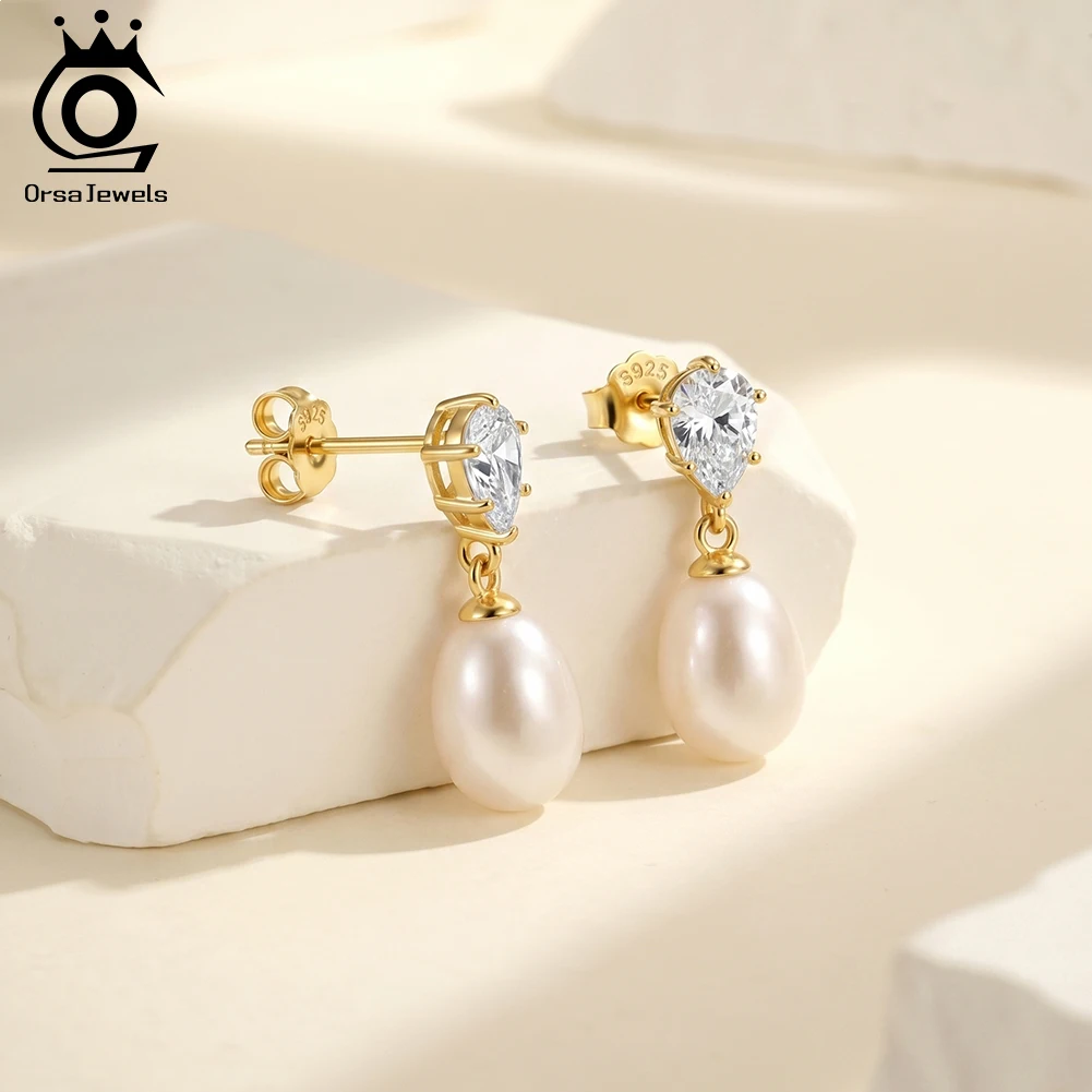 

ORSA JEWELS Classic Natural Pearl Pendant Earrings for Women 925 Sterling Silver Romantic Fashion Party Wedding Jewelry GPE140