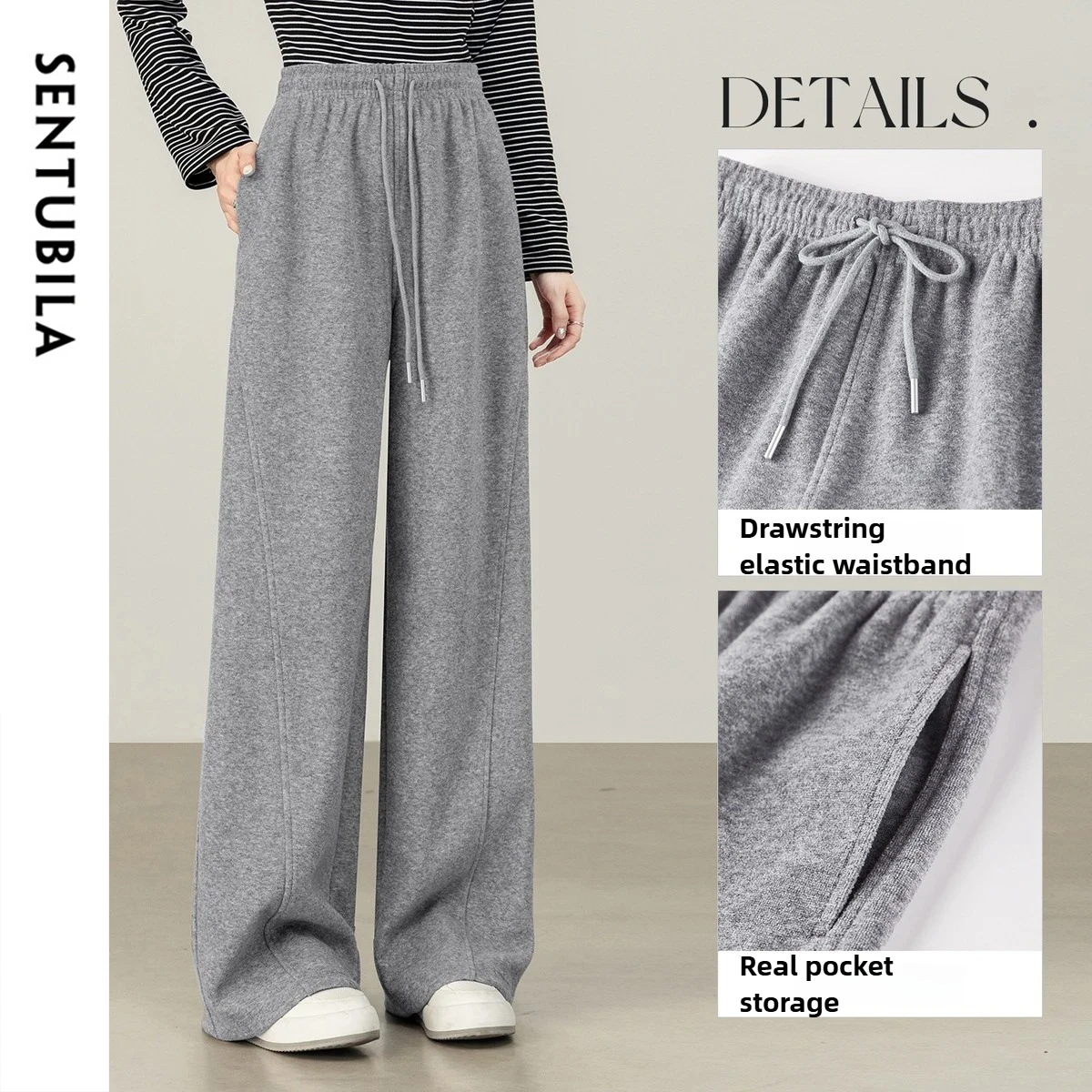 SENTUBILA Winter Fleece-lined Women's Gray Wide Leg Sweatpants High Waist Drawstring Loose Casual Trousers Pants 154K80008
