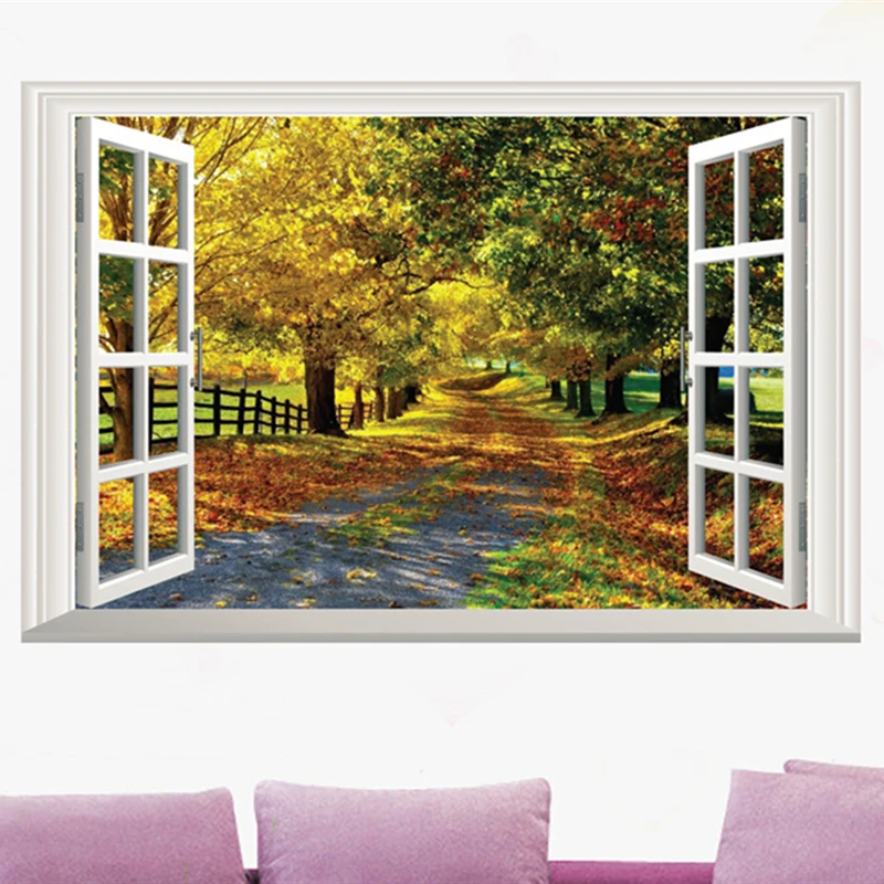 3D Window Art Country View Tree-lined Trails Vinyl Wall Stickers Aesthetic Rooms for Home Decoration Big Trees Scenery Wallpaper