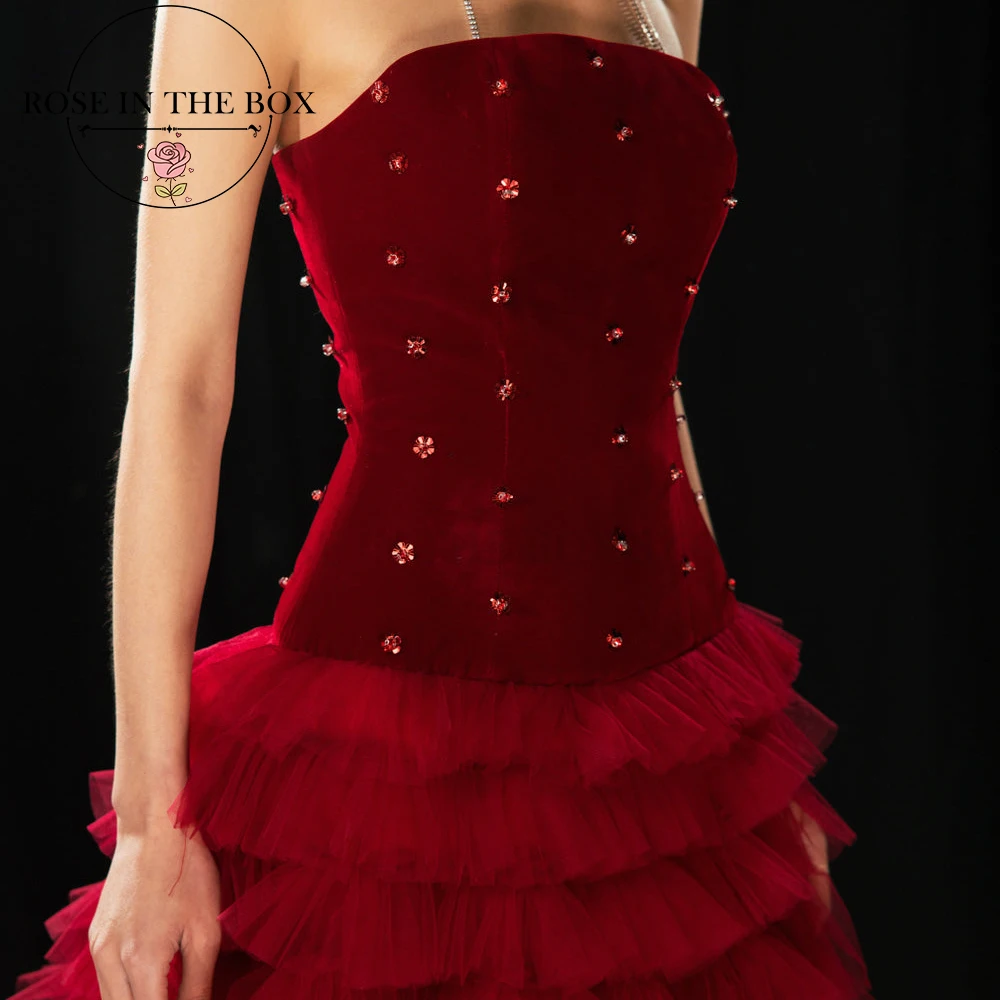 ROSEINTHEBOX Customized Glamorous Burgundy Strapless Evening Dresses for Woman Crystal  Tiered A-line Luxury Party Dresses