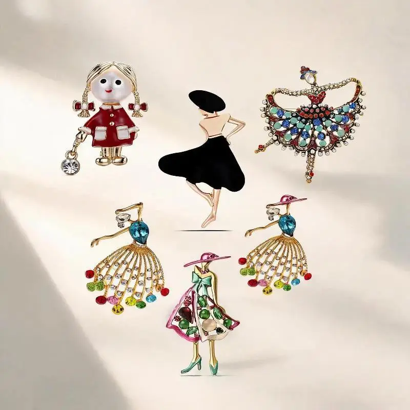 1Pcs Vintage Figure Girl Dancer Brooch Colorful Rhinestone Enamel Pin Elegant Decor Jewelry For Clothing Coat Accessory