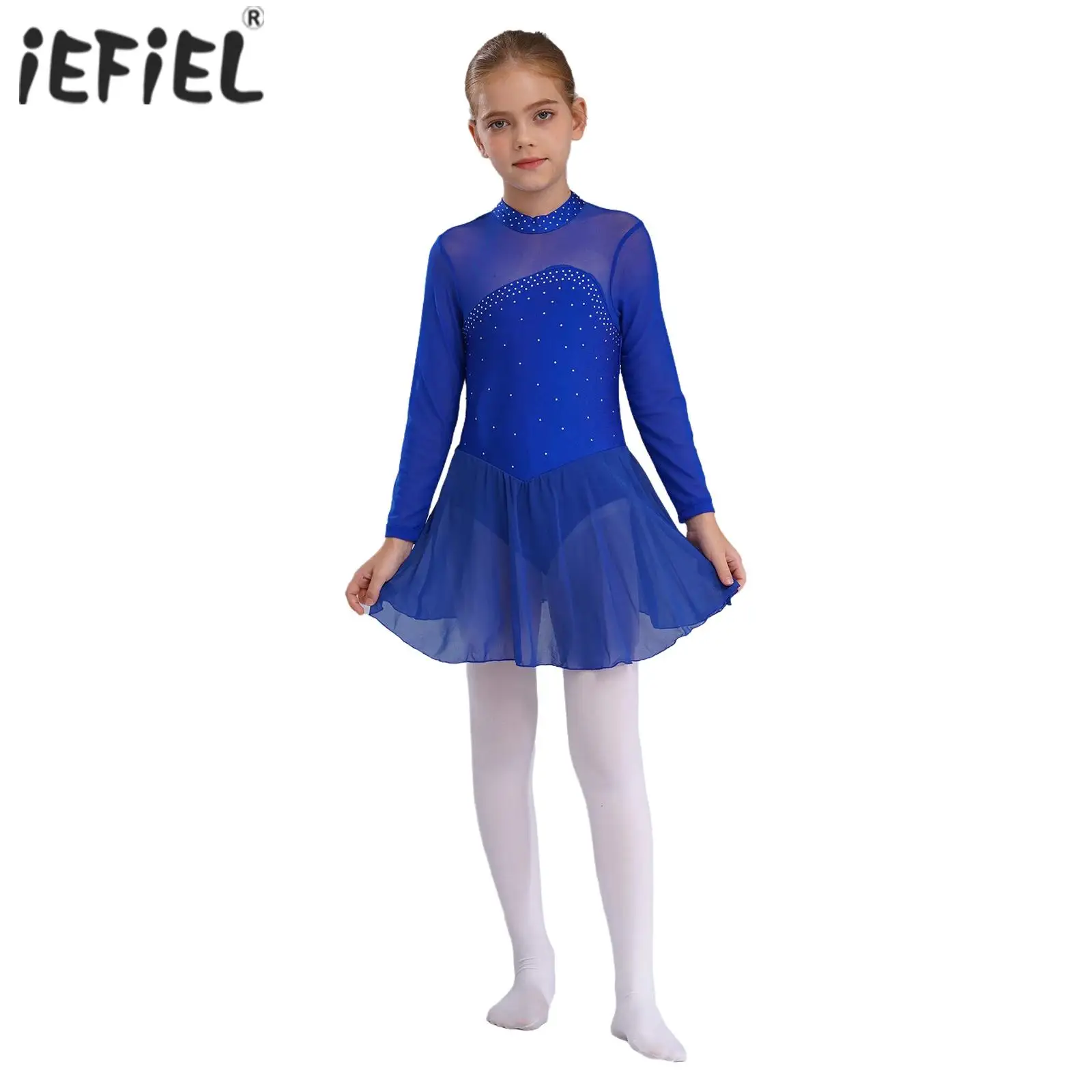 

Kids Girls Gymnastics Swimsuit Artistic Figure Skating Costume Shiny Rhinestones Sheer Mesh Ballet Lyrical Dance Leotard Dress