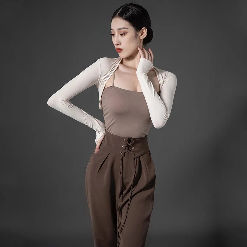 2023 New Latin Dance Costumes For Women Long Sleeved Brown High Waisted Pants Suit Chacha Modern Latin Performance Wear DQS13281