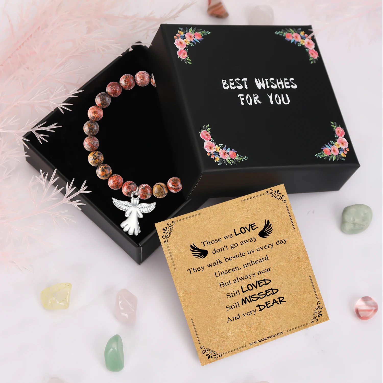 1PC Angel Sympathy Gifts for Loss of Loved One, Healing Condolences Bracelet with Gift Box and Blessing Card for Loss of Dad Mom