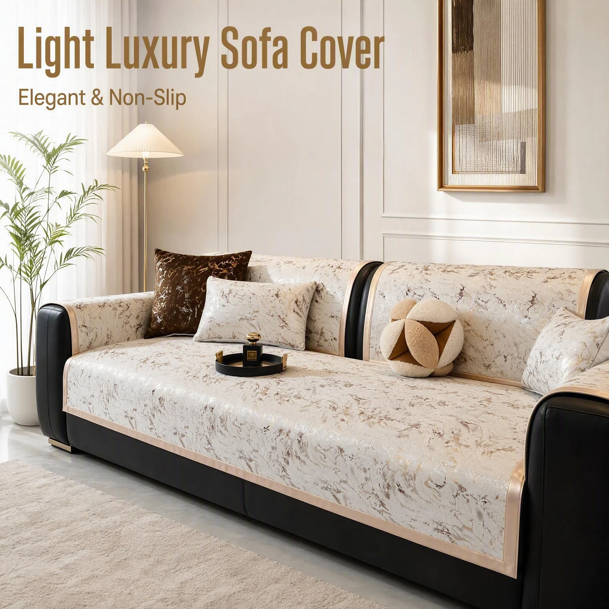1pc Marble Gilded Velvet Non-Slip Sofa Cover with Golden Binding, for Living Room Light Luxury Decor Couch Seat Cover Washable