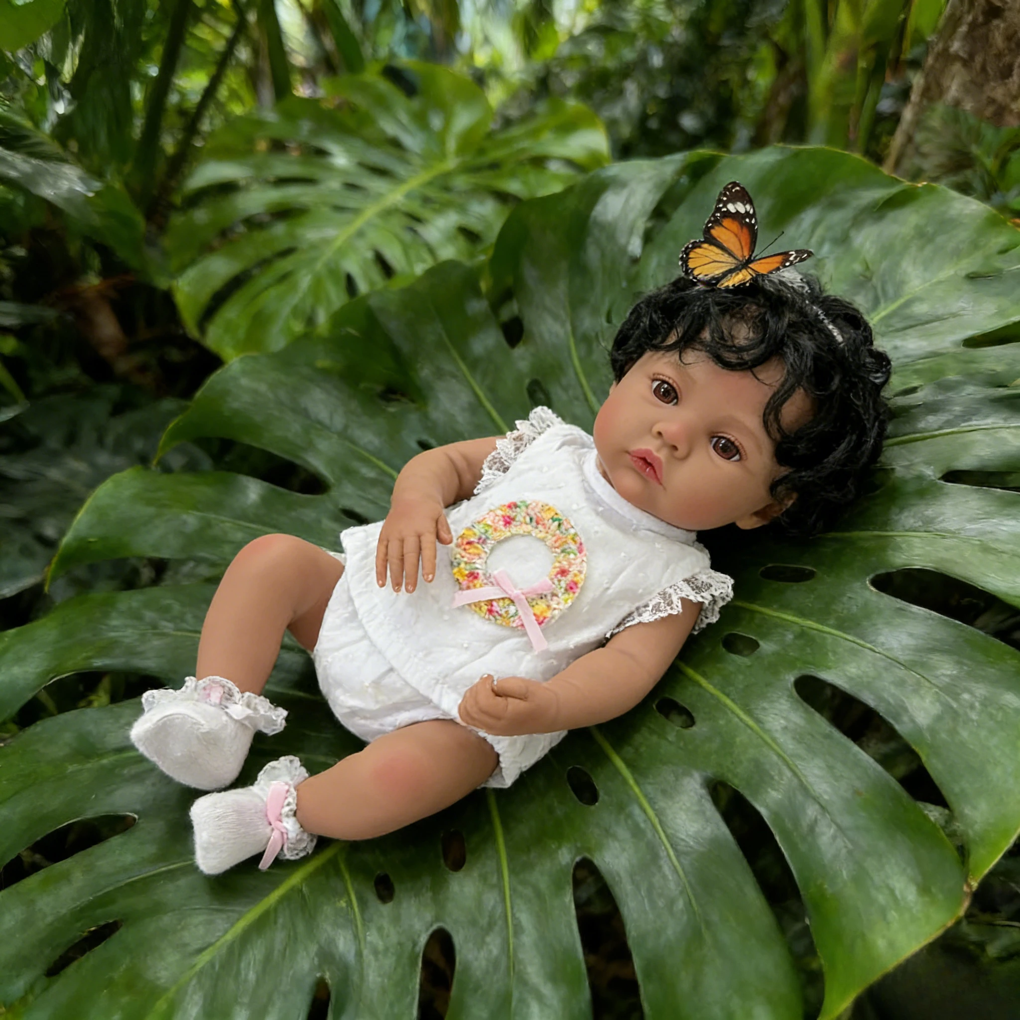 Cute Dark Skin Meadow Girl Doll 48CM Full Body Vinyl Hand Rooted Curly Hair Reborn Style Doll