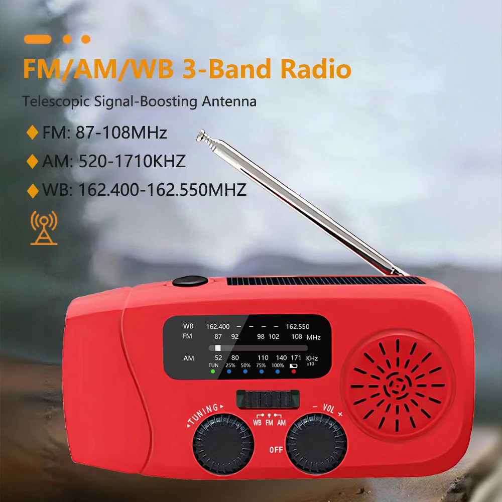 راديو FM/AM/WB محمول قابل لإعادة الشحن، كرنك راديو الطوارئ بالطاقة الشمسية، جهاز استقبال راديو FM NOAA للسفر في الهواء الطلق مع مصباح LED SOS