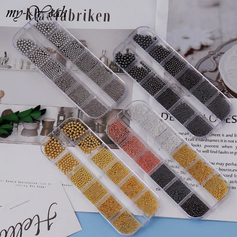 12 Siatka Koraliki 3D Złote/Srebrne Mikro Stalowe Kulki do Paznokci 0.8-3.0mm Mini Metalowe Koraliki Kulki Stalowe Mikro Kaviar Złote Srebrne Koraliki
