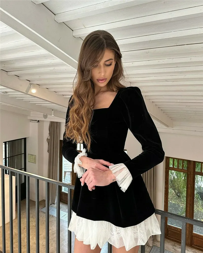 Smileven Black Velvet Mini Prom Party Dresses White Lace Evening Dresses Elegant Long Sleeve Women Prom Gowns vestidos de novia