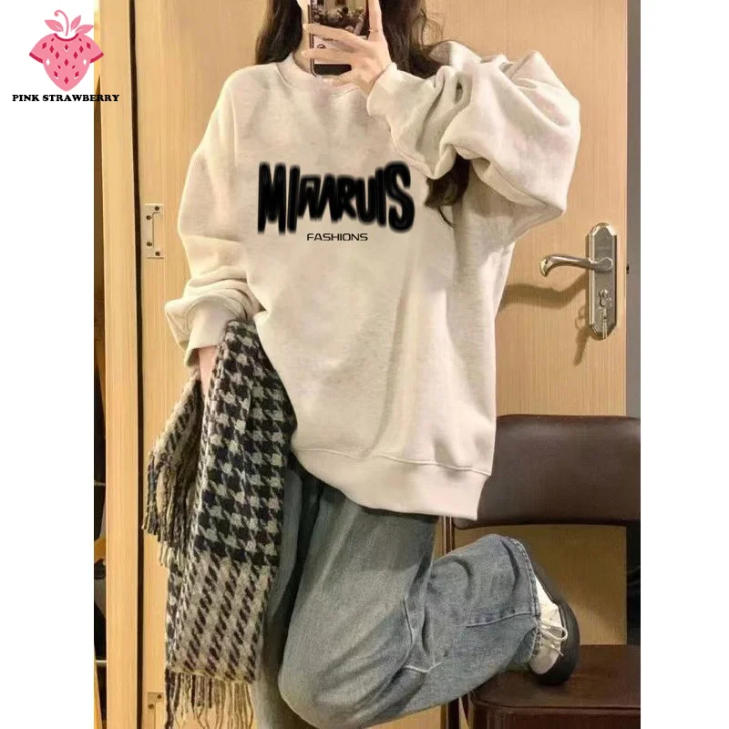 

American Letter Print Plush Sweatshirt Women Autumn Winter 2025 New Oversize O-Neck Pullover Hoodie Y2K Tops Ladies clothing