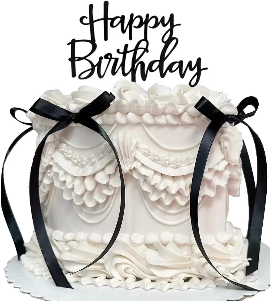 Adorno para tarta con lazo Ribbion con signo de feliz cumpleaños, fiesta temática de coqueta, adorno para tarta Vintage negro para pastel de corazón, pastel Vintage