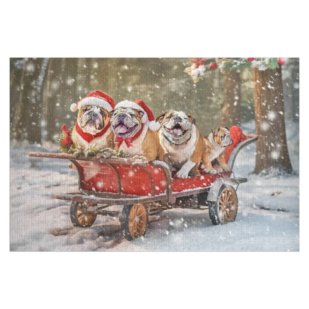 

English Bulldogs Christmas Wagon Jigsaw Puzzle Customized Photo Wooden Compositions For Children Custom Wood Puzzle